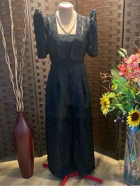 Filipiniana Black Lace Overlay Evening Jumpsuit w/ Bolero Fits Small & Medium